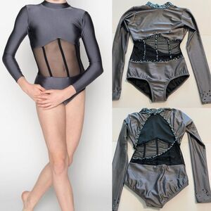 AA dance design costume solo custom gray Ginger leotard rhinestone LC child